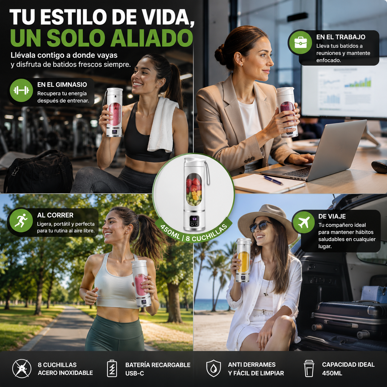 Licuadora de frutas de 450ml 8 cuchillas