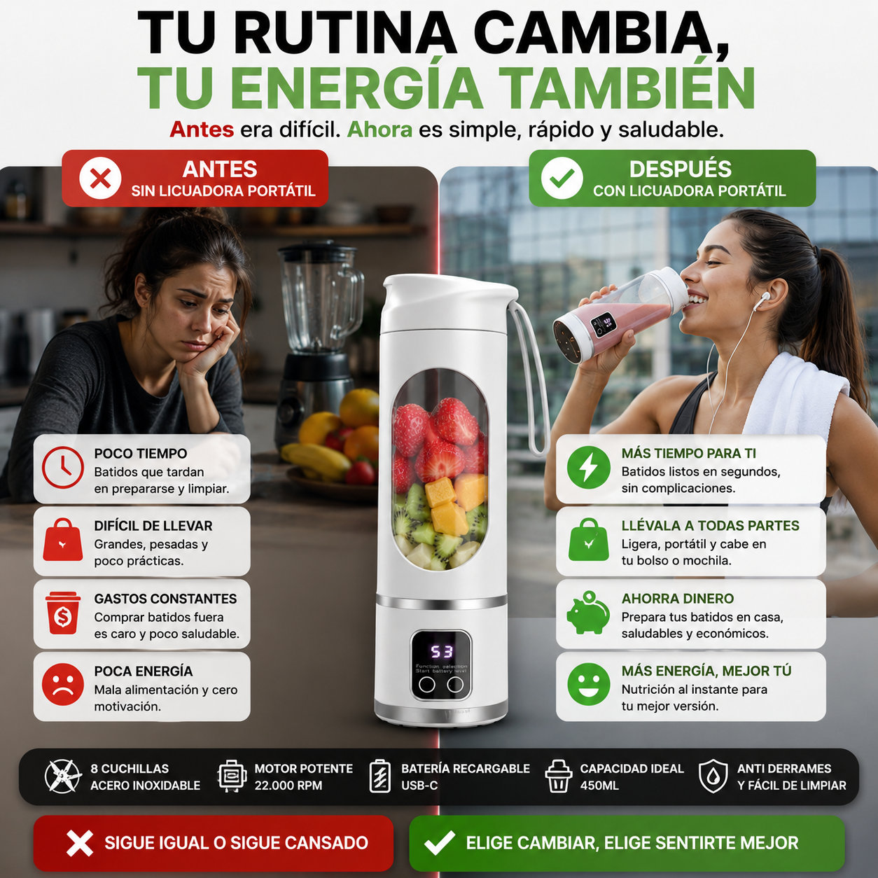 Licuadora de frutas de 450ml 8 cuchillas