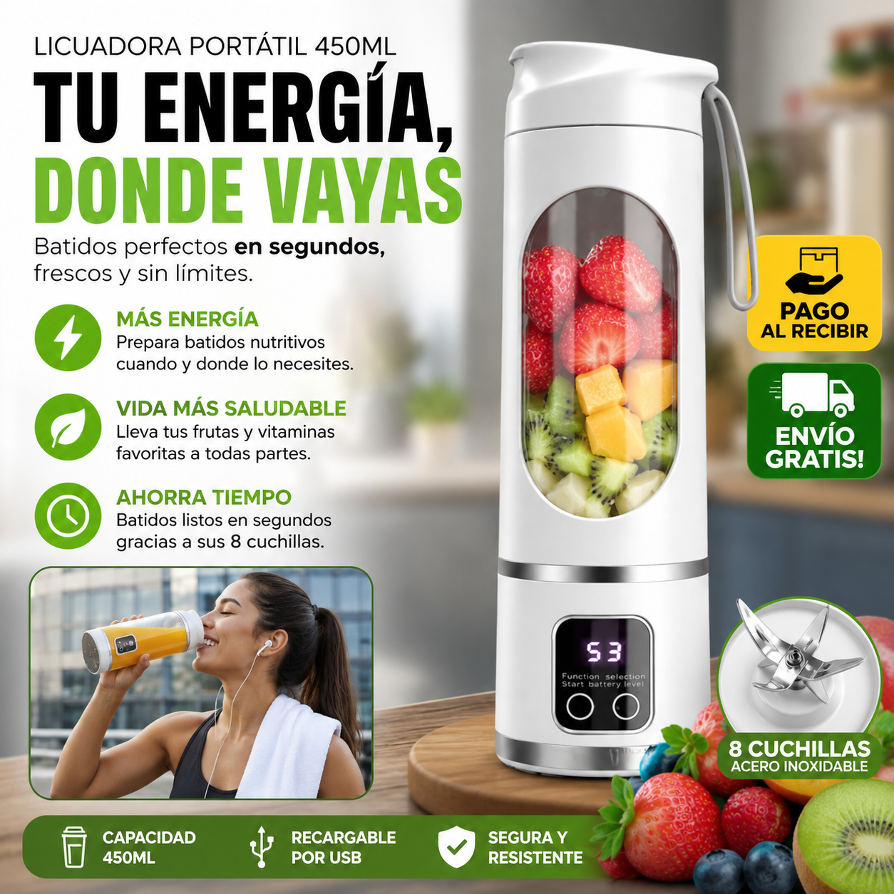Licuadora de frutas de 450ml 8 cuchillas